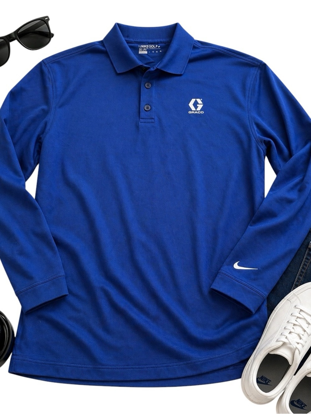 Nike Golf Dri Fit Blue Long Sleeve Wicking Polo Shirt Graco Logo Mens XXL in EUC - Picture 1 of 9